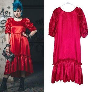 VTG 80s Handmade Red Satin Drop Waist Ruffled Hem Midi Prom Dress *L/ XL